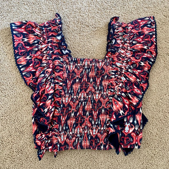 Anthropologie Let Me Be Printed Smocked Ruffle Sleeve 100% Cotton Crop Top - Picture 4 of 11